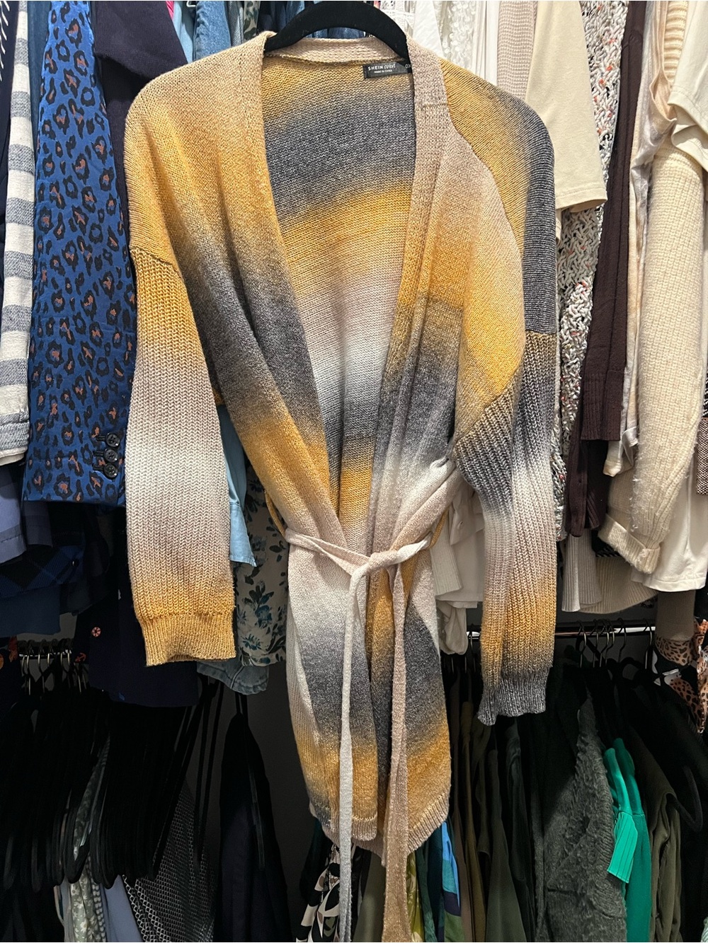 SHEIN Ombre Open-Front Belted Cardigan in Yellow Gray Cream